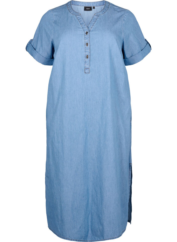 Robe en jean avec fente et manches courtes, Blue denim, Packshot image number 0