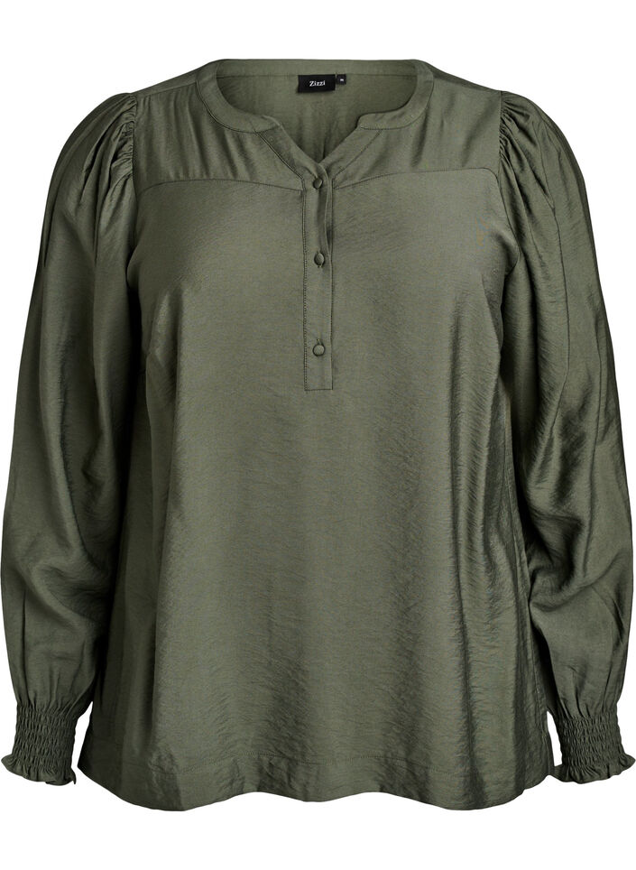 Blouse en viscose avec smock et détails froncés, Vert, Packshot image number 0