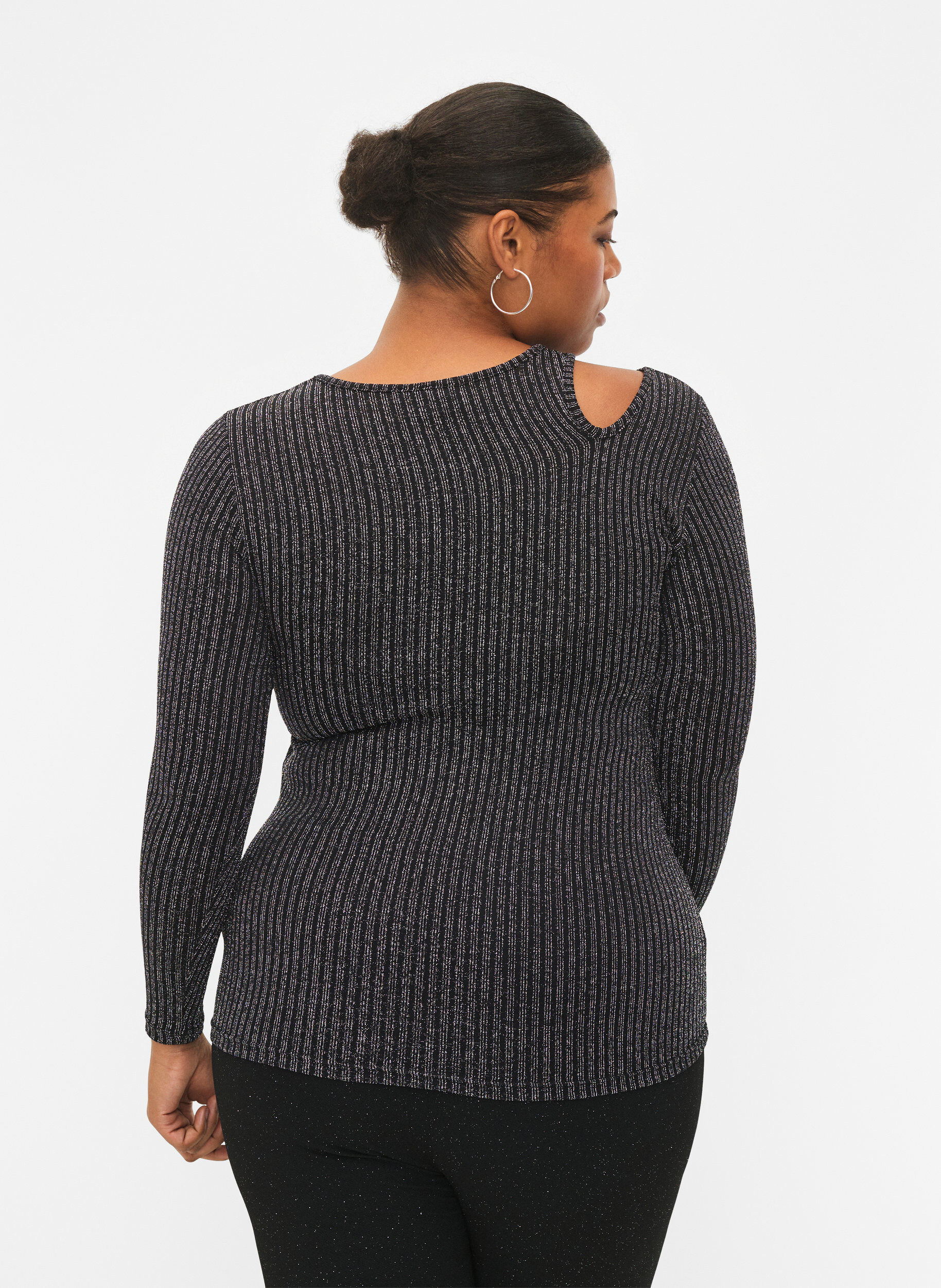 Zizzi Blouse &agrave; manches longues avec d&eacute;coupe et paillettes, B. w. Silver Stripes, Model image number 1