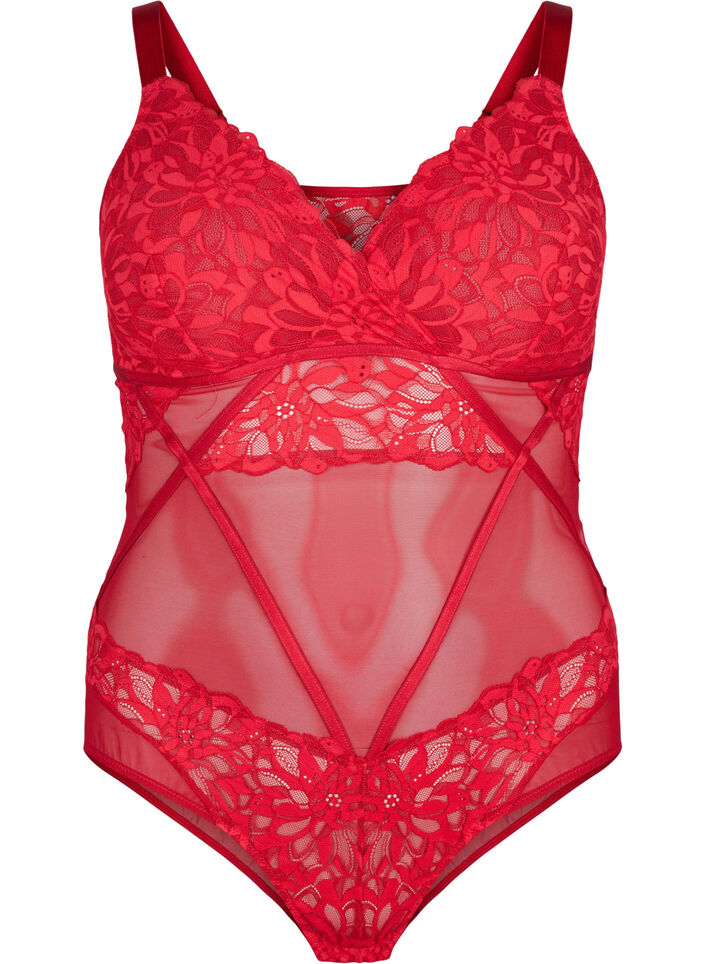 Collant de corps en dentelle avec résille, Rhythmic Red, Packshot image number 0