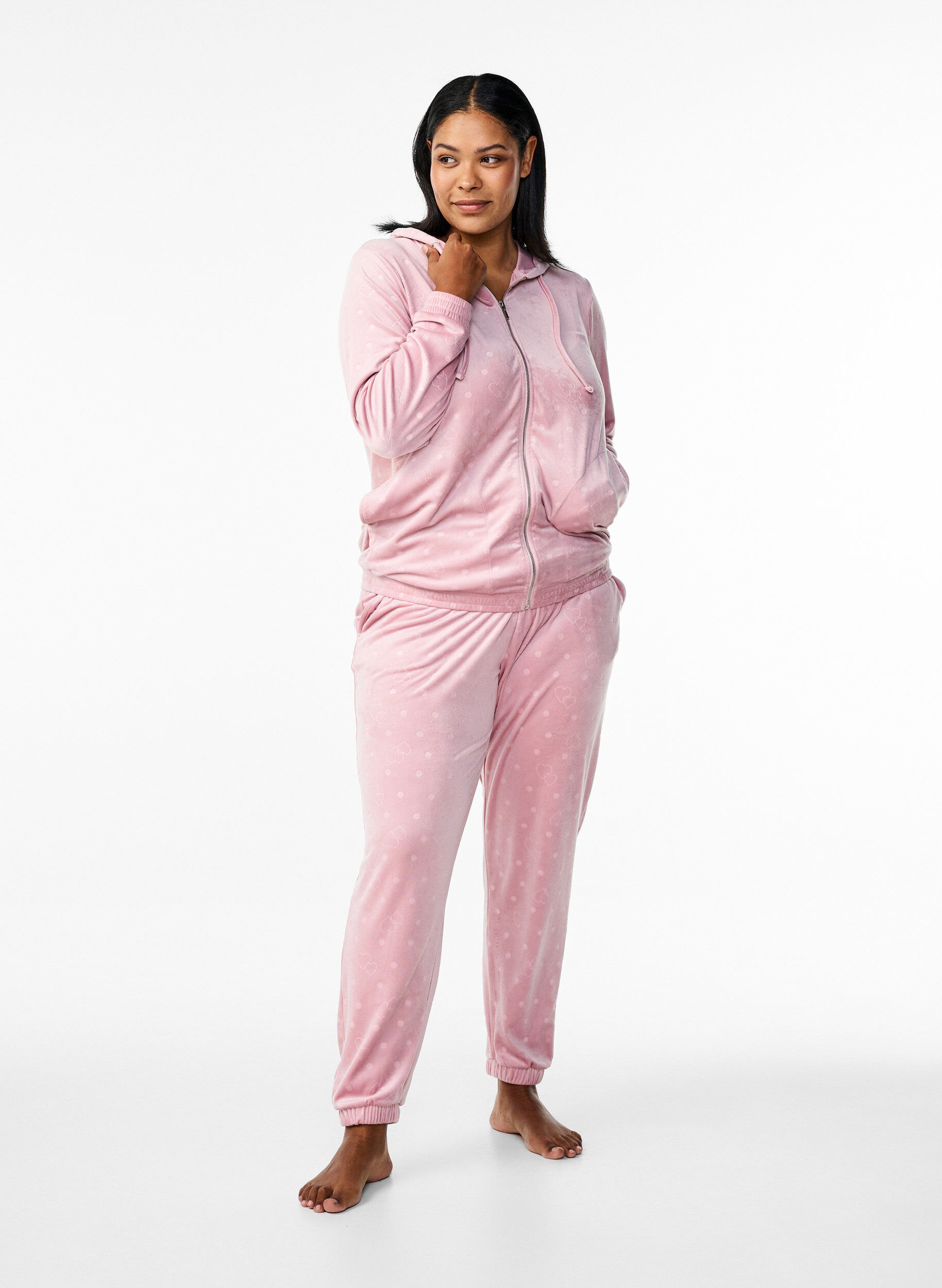 Zizzi Pantalon en velours &agrave; pois et c&oelig;urs, Rose, Model image number 0