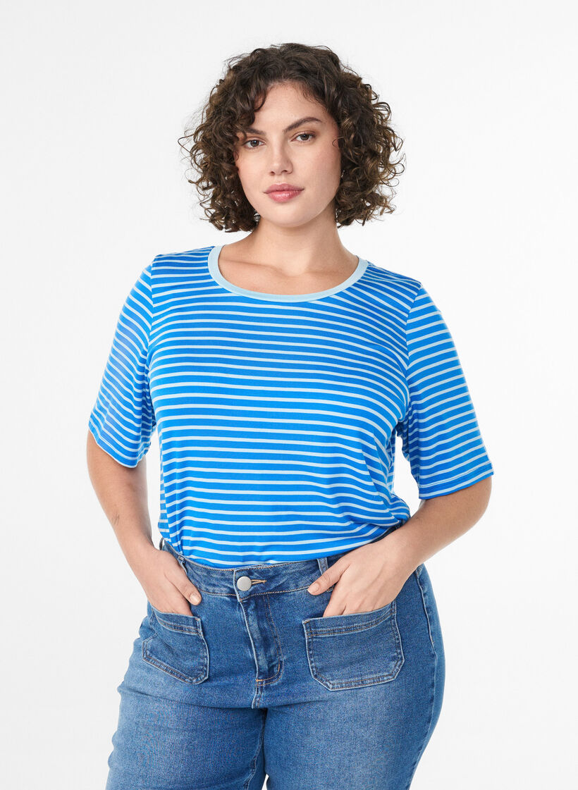 T-shirt en TENCEL&trade; Lyocell &agrave; rayures, Bleu, Model image number 0