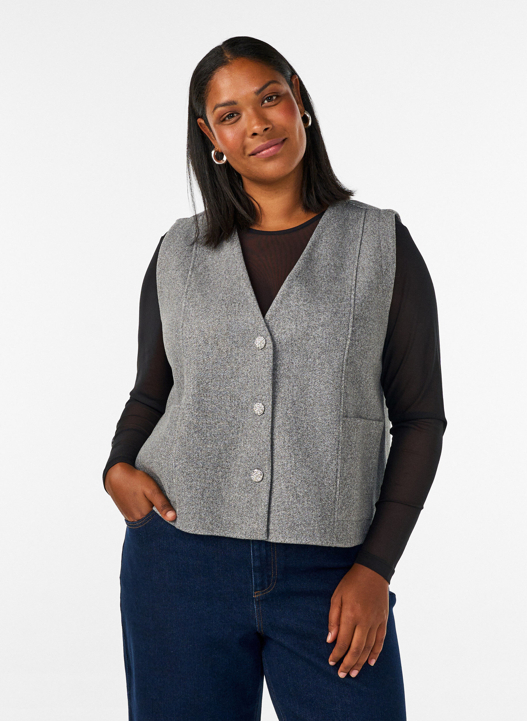 Gilet &agrave; col V avec boutons, Gris, Model