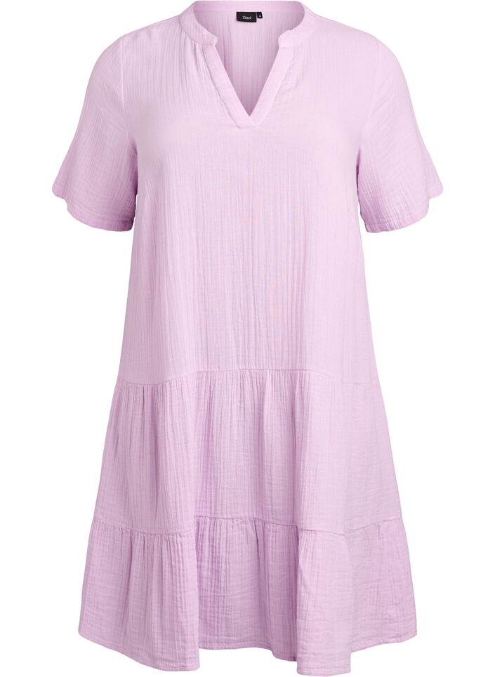 Robe courte &eacute;vas&eacute;e en mousseline de coton, Mauve, Packshot image number 0