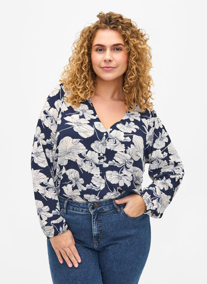 Blouse avec col en V et imprimé, Navy B. Flower AOP, Model image number 0