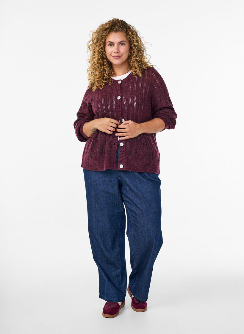 Cardigan en maille ajour&eacute;e, Bordeaux fonc&eacute;, Model image number 1