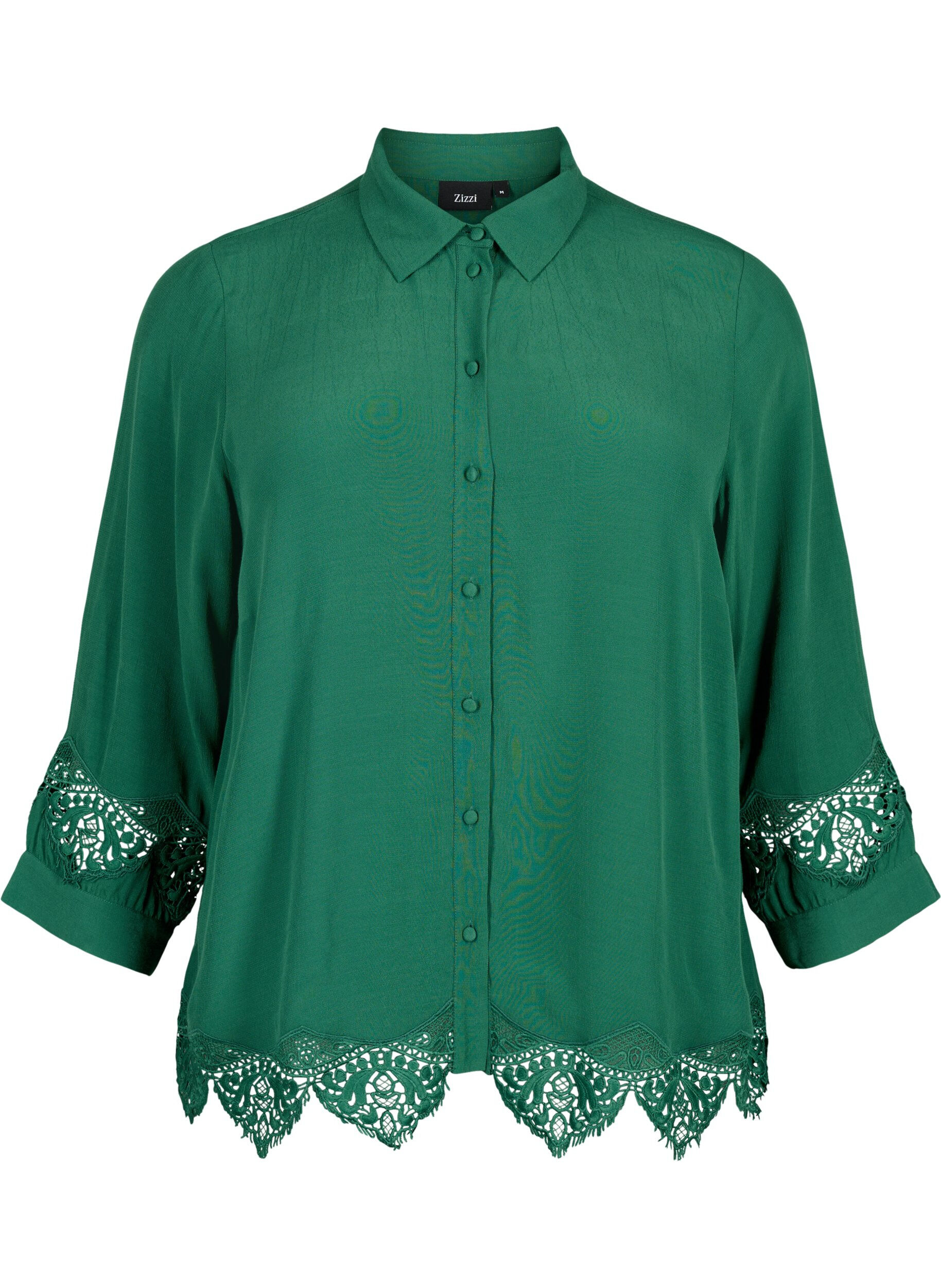 Zizzi Chemise en viscose avec manches 3/4 et d&eacute;tails de broderie, Hunter Green, Packshot image number 0