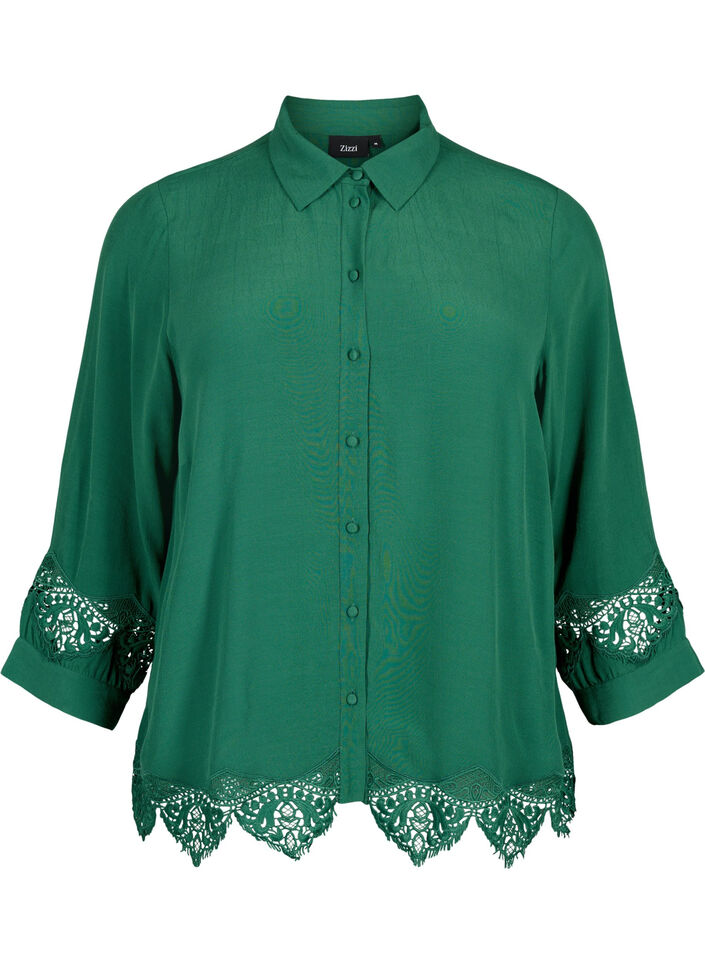 Chemise en viscose avec manches 3/4 et détails de broderie, Hunter Green, Packshot image number 0