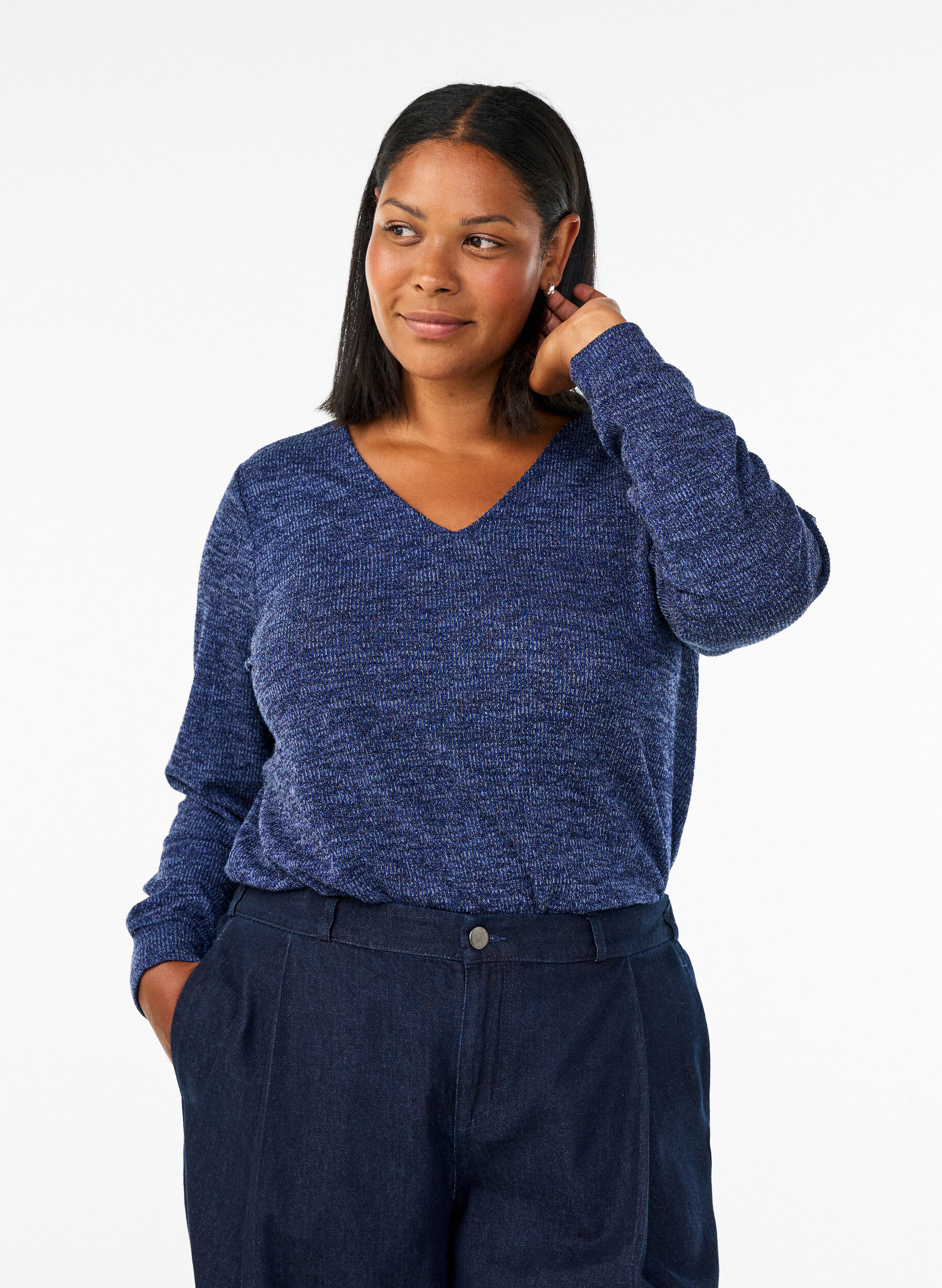 ZizziBlouse en jersey avec col en V et manches longues, Bleu, Model image number 0