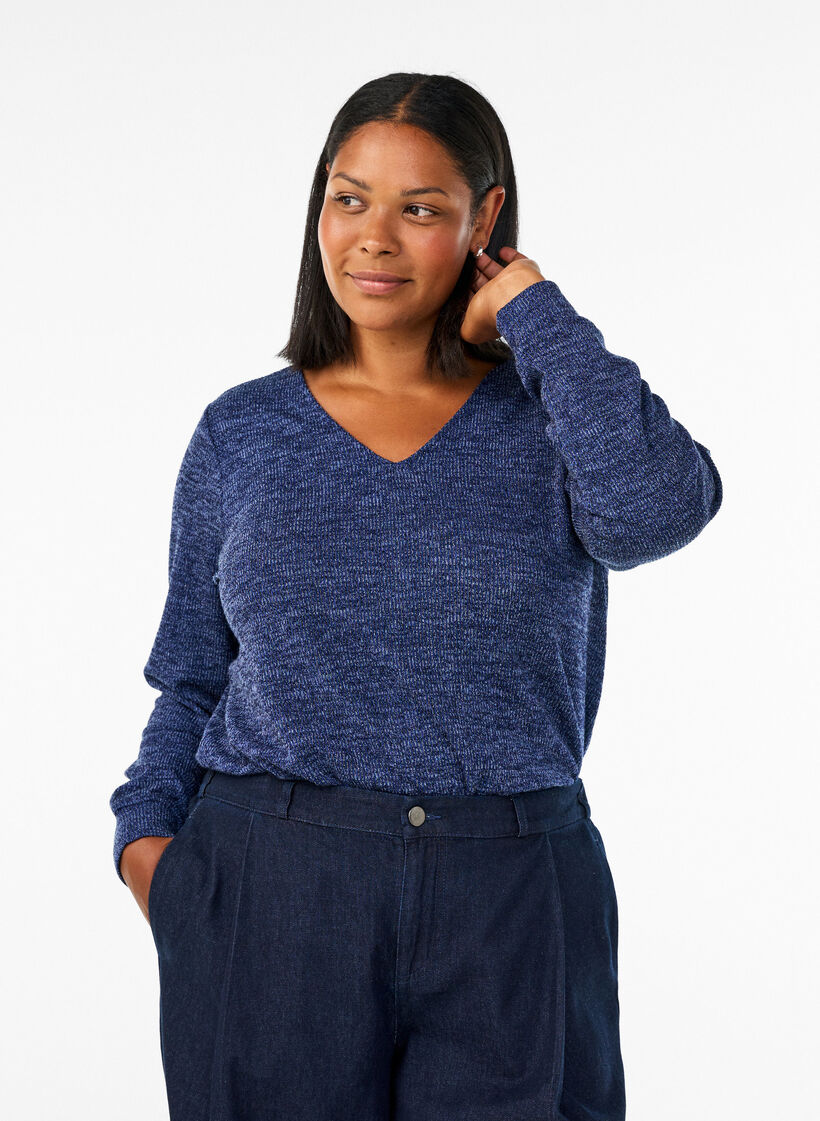 Blouse en jersey avec col en V et manches longues, Bleu, Model image number 0