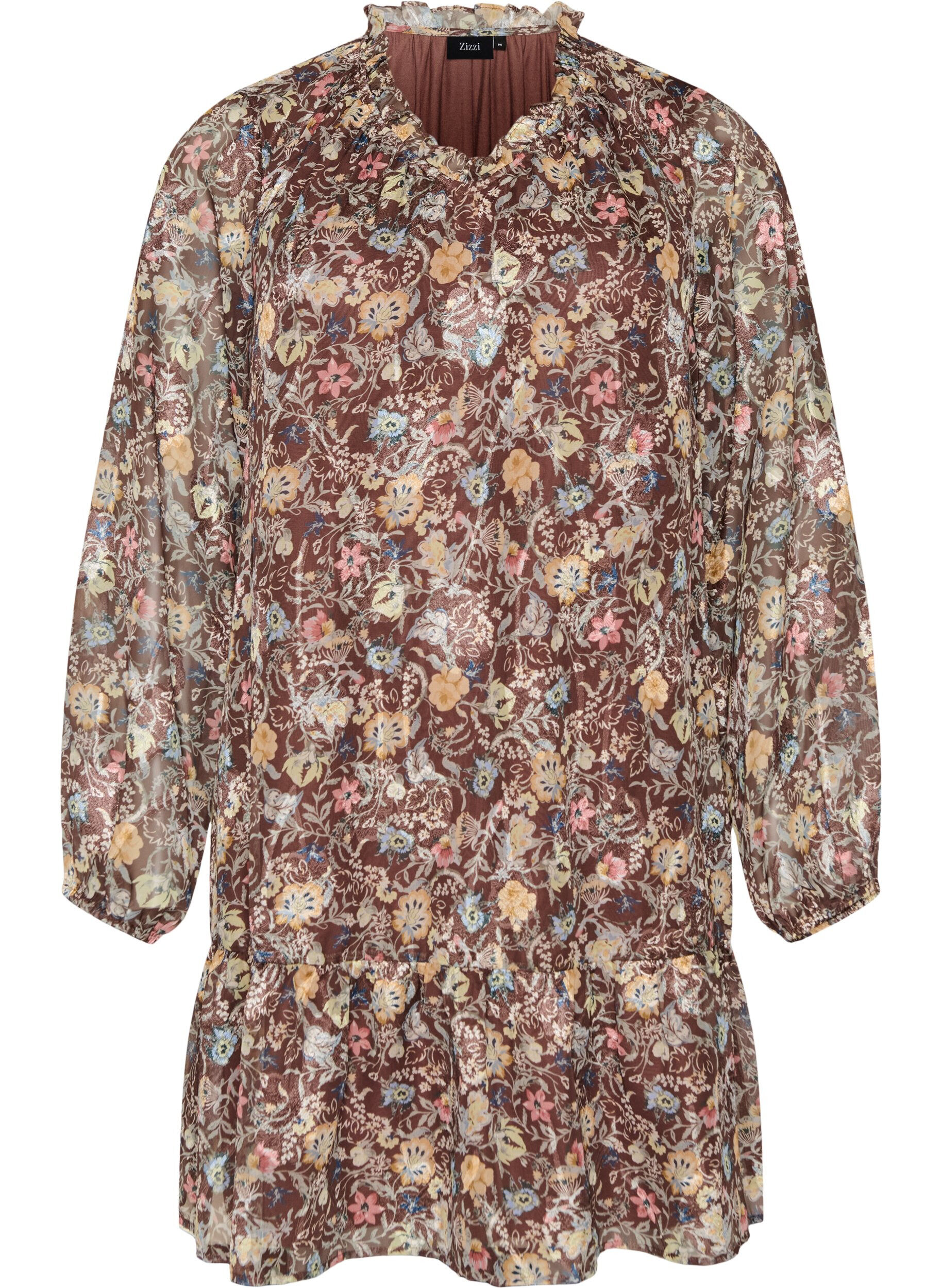 ZizziRobe en mousseline &agrave; imprim&eacute; floral et volants &eacute;tag&eacute;s, Marron, Packshot image number 0