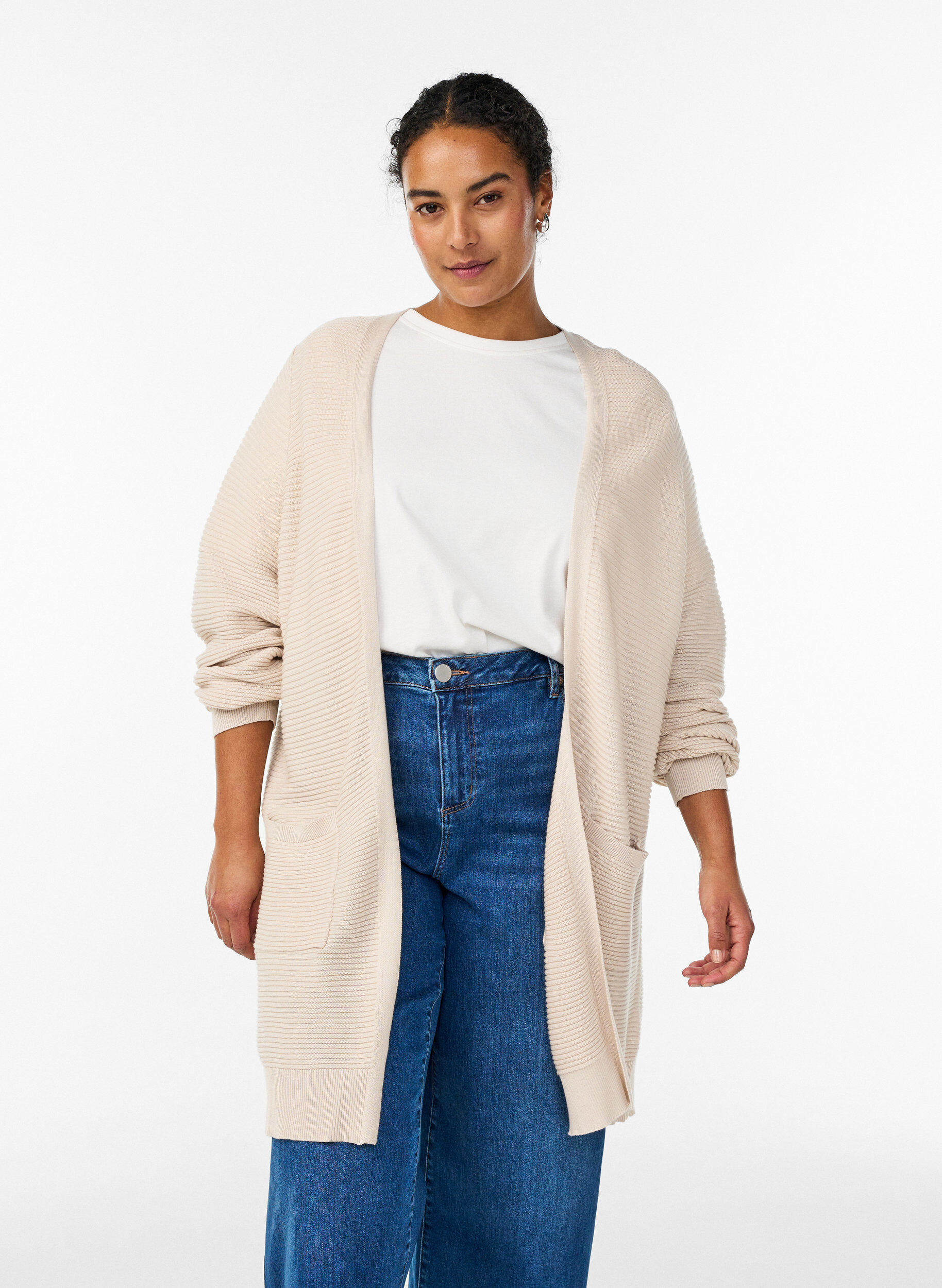 Zizzi Cardigan long c&ocirc;tel&eacute; en coton, Beige, Model image number 0