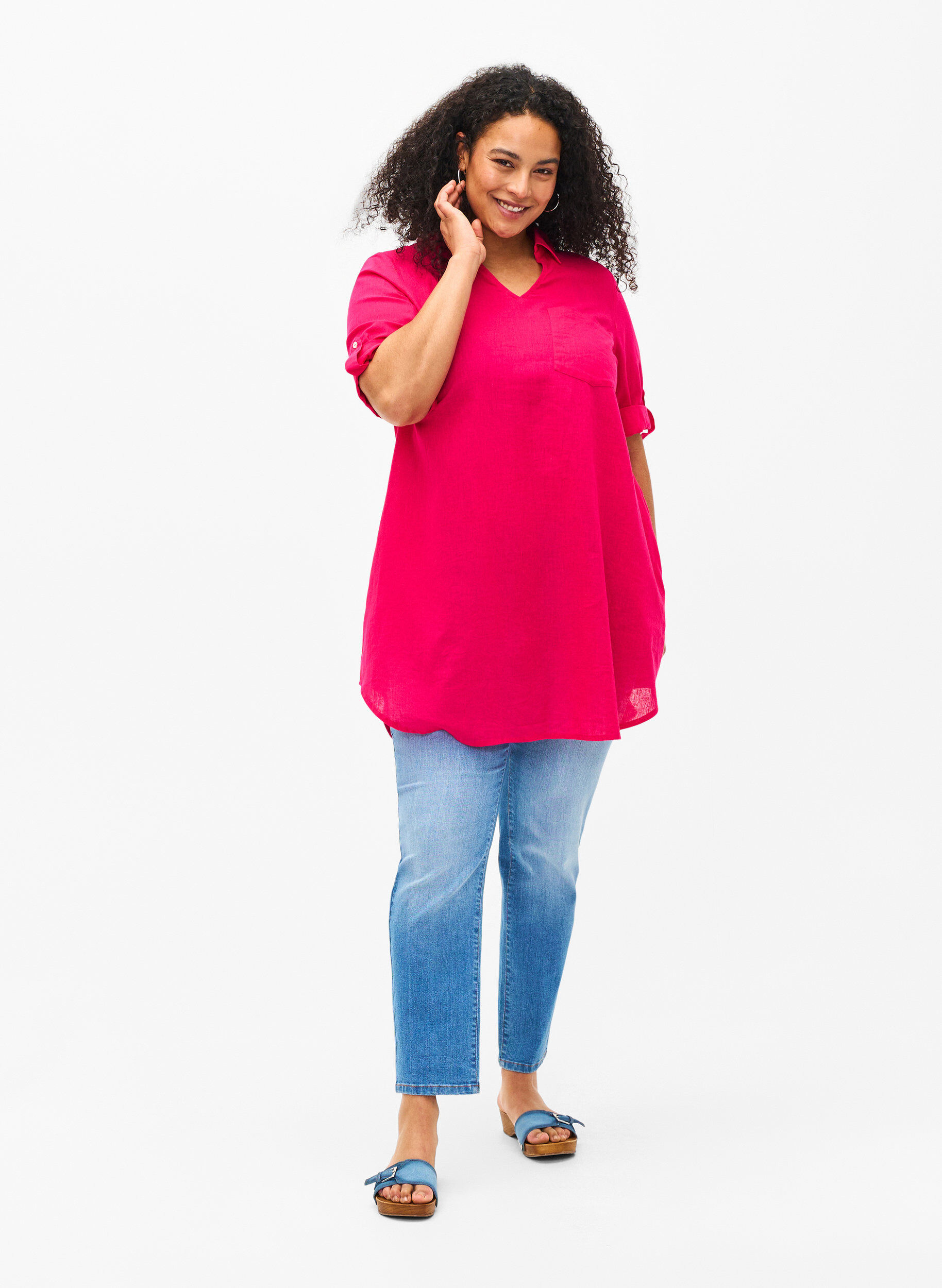 Zizzi Tunique &agrave; manches courtes en coton m&eacute;lang&eacute; avec du lin, Bright Rose, Model image number 2