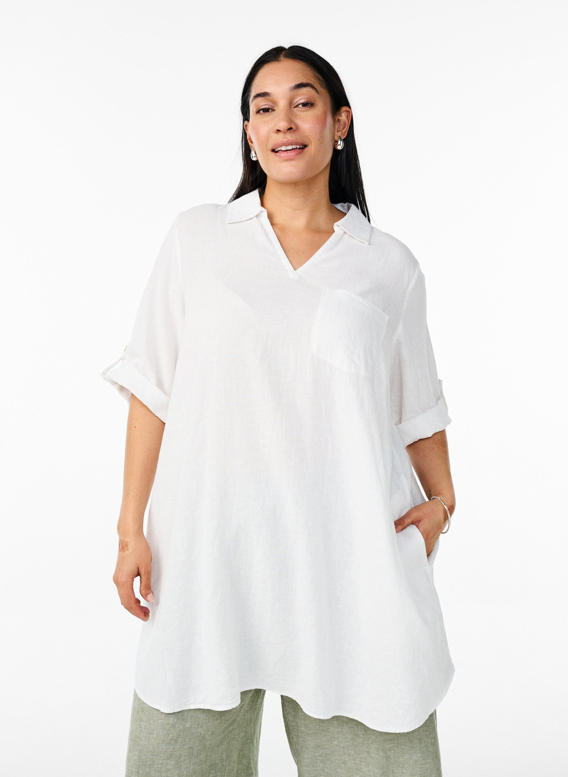 ZizziTunique coupe trap&egrave;ze en lin et viscose, Blanc, Model image number 0