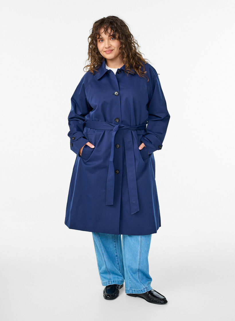 Trench-coat avec ceinture et fentes, Bleu, Model image number 0