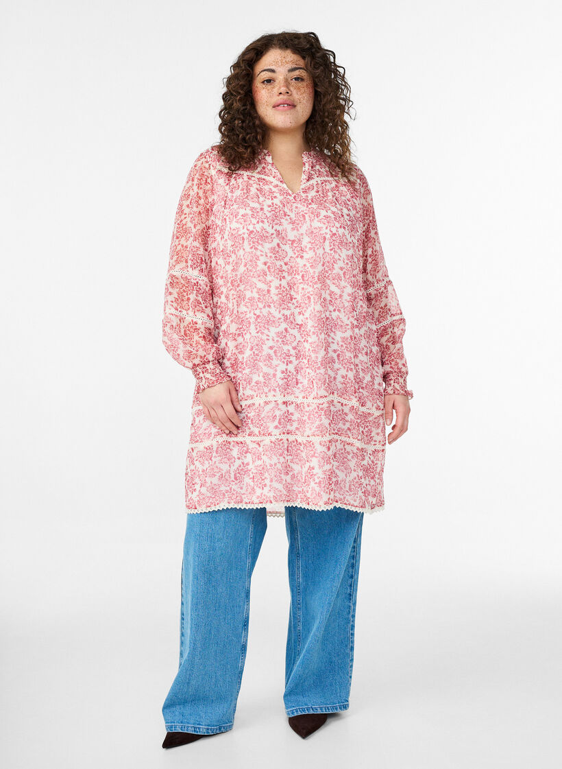 Robe courte en mousseline avec d&eacute;tails en crochet, Rose, Model image number 0