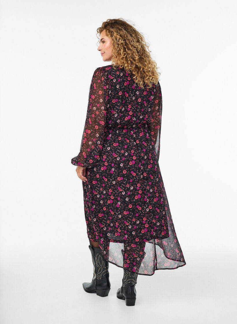 Robe en mousseline &agrave; imprim&eacute; floral et manches longues, Noir, Model image number 1
