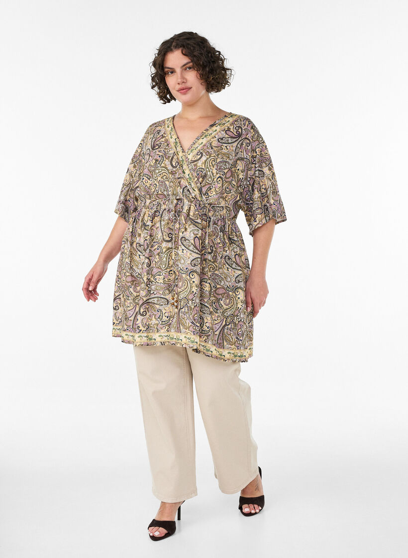 Tunique en viscose &agrave; imprim&eacute; cachemire et lien &agrave; nouer, Jaune, Model image number 1