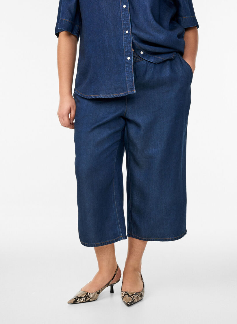 Culotte en lyocell jambes larges aspect denim, Bleu, Model image number 2