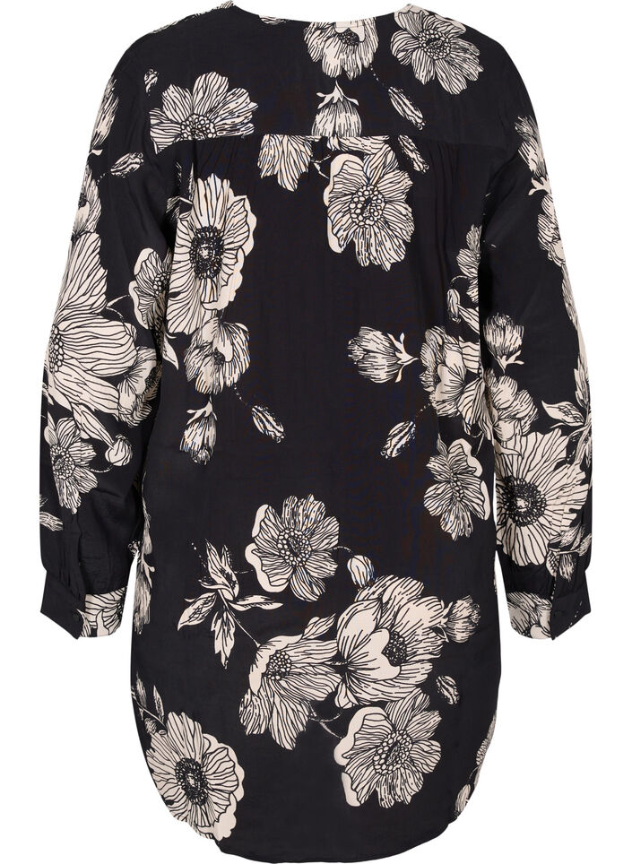 Chemise longue en viscose à fleurs, Black White AOP, Packshot image number 1