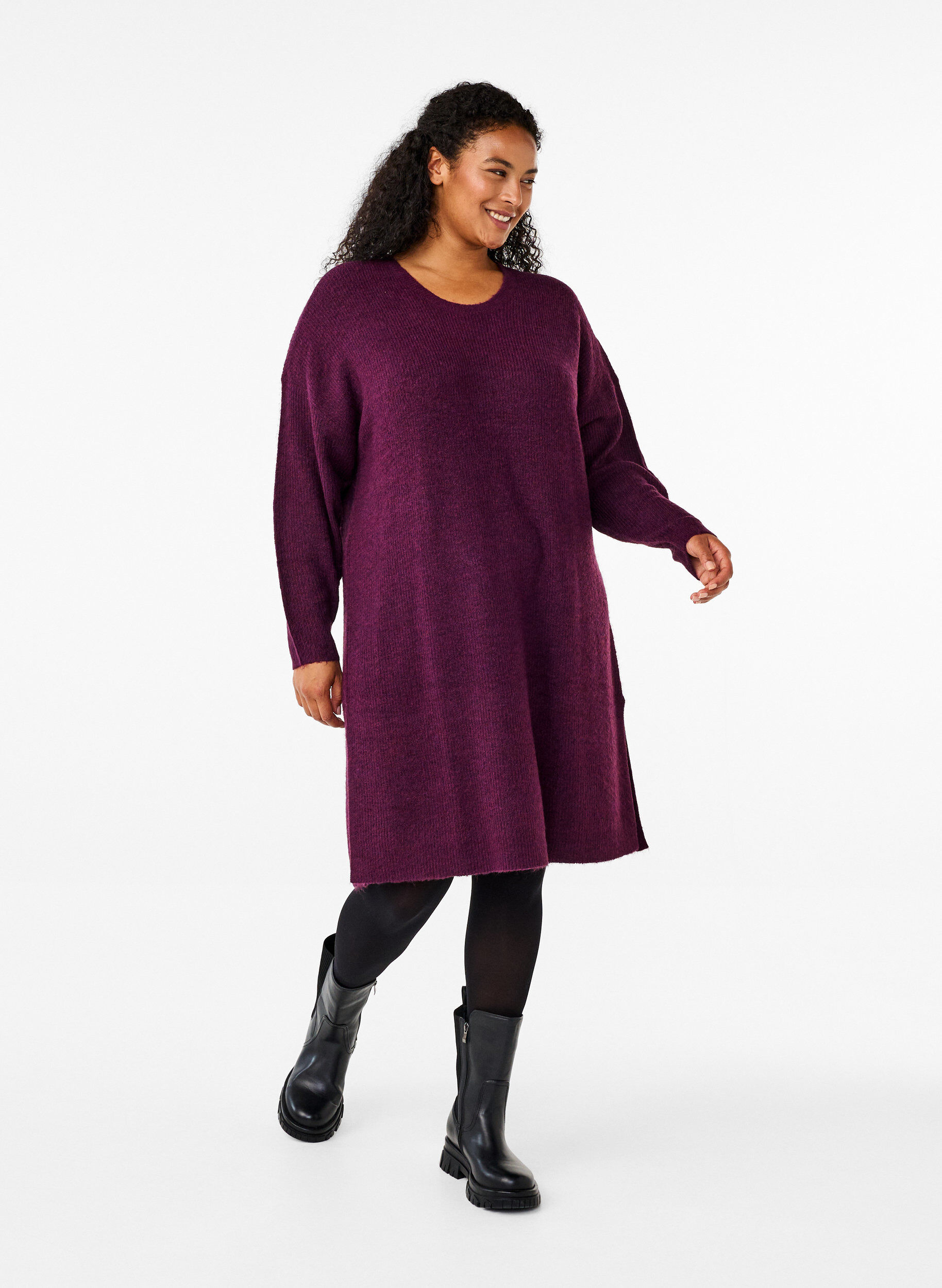 Zizzi Robe &agrave; manches longues en tricot c&ocirc;tel&eacute;, Potent Purple Mel., Model image number 2
