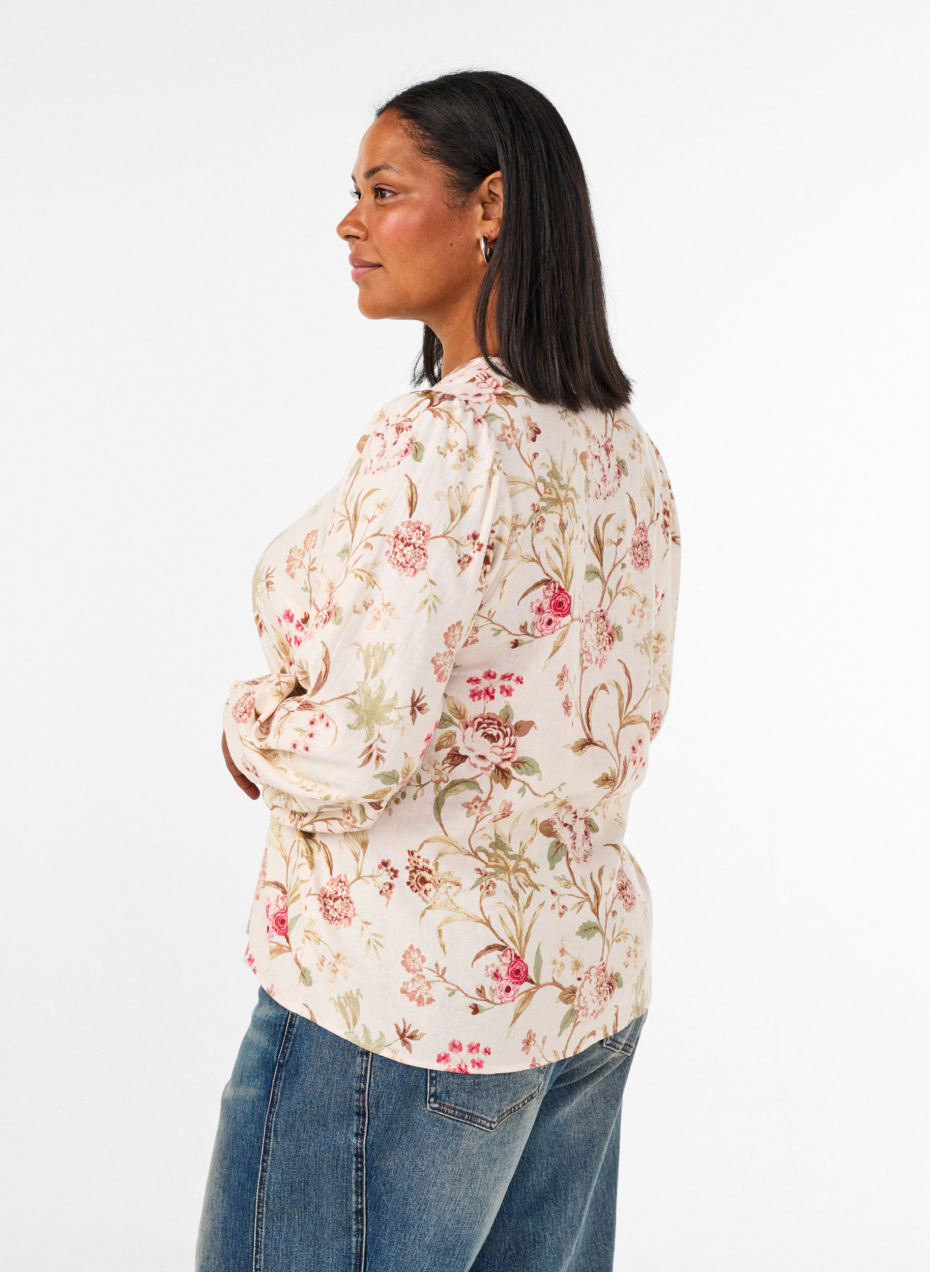ZizziBlouse fleurie en lin et viscose &agrave; manches longues, Vanille, Model image number 2