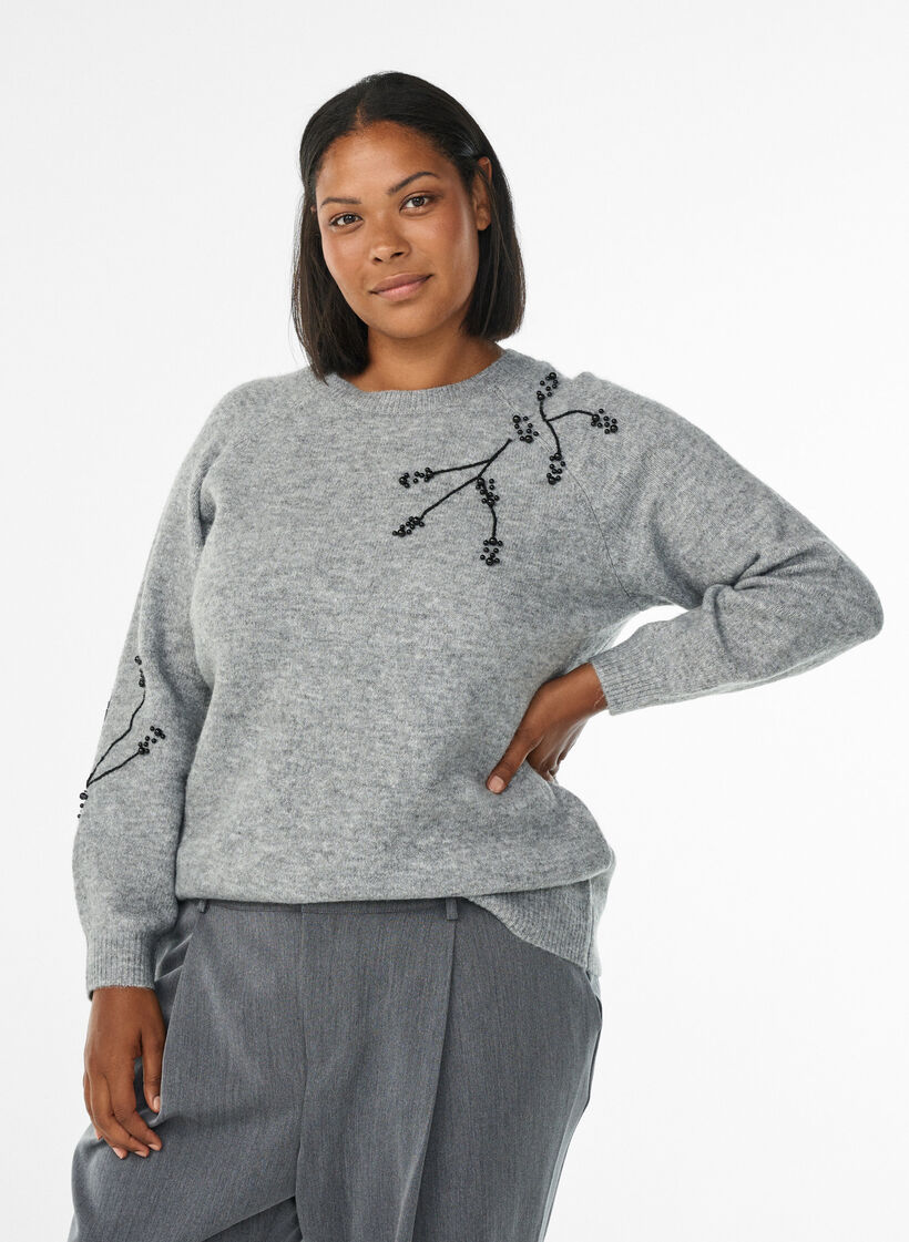 Pull brod&eacute; de perles, Gris, Model image number 0