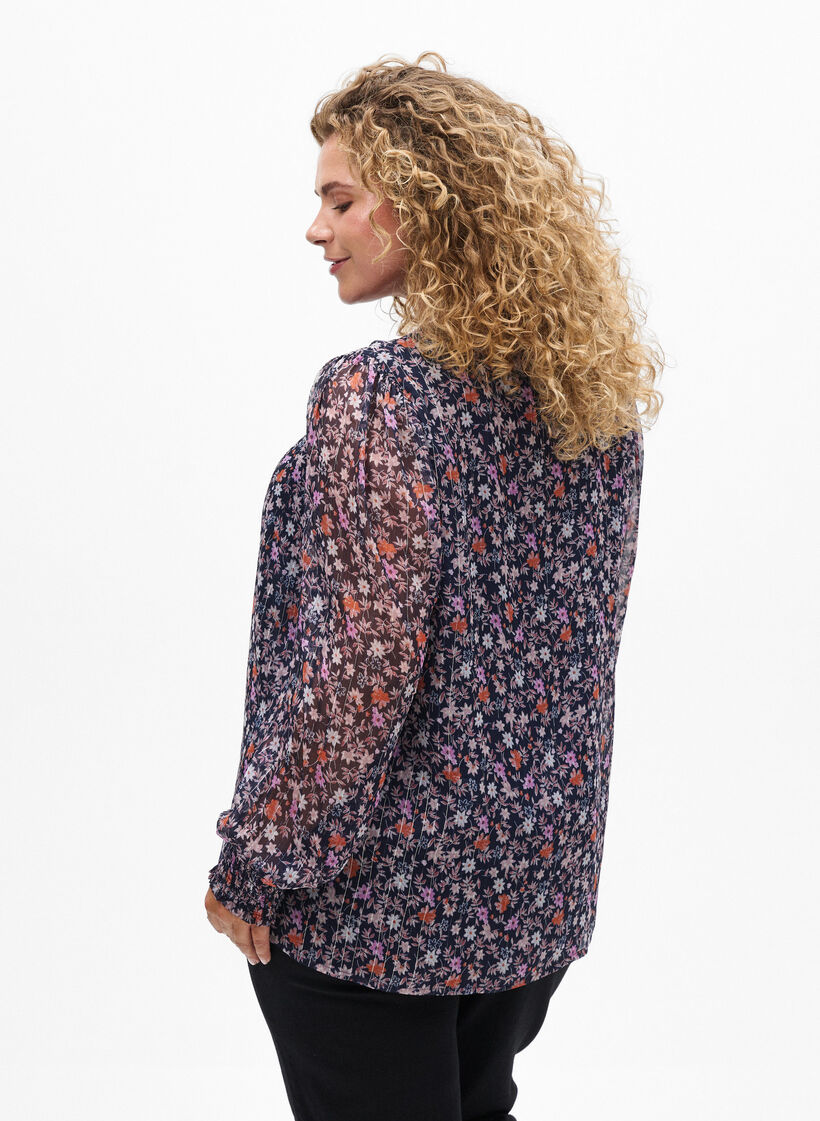 Chemisier &agrave; imprim&eacute; floral et fil paillet&eacute;, Bleu, Model image number 2