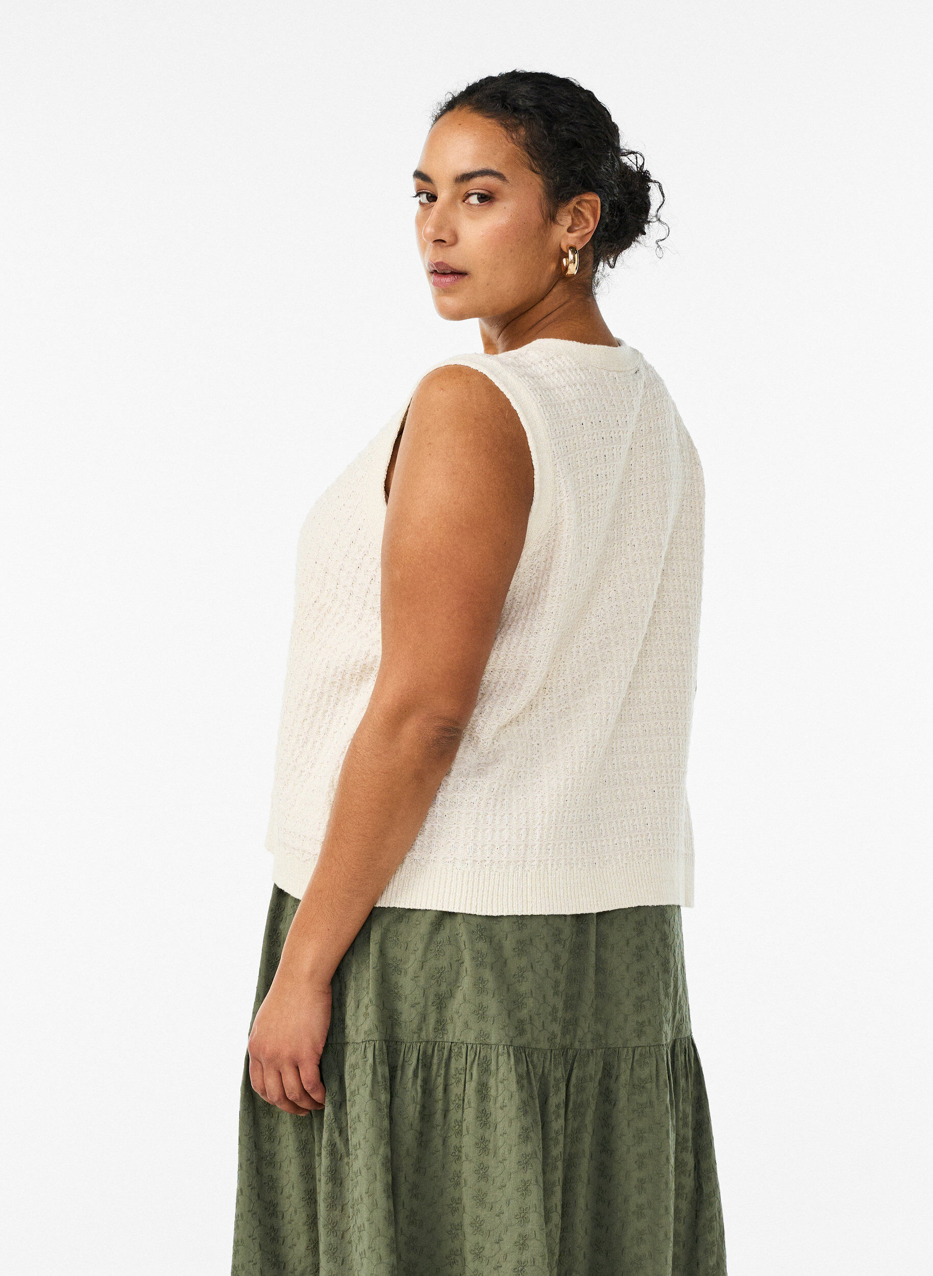 Zizzi Gilet en maille textur&eacute;e avec ceinture &agrave; nouer, Vanille, Model image number 2