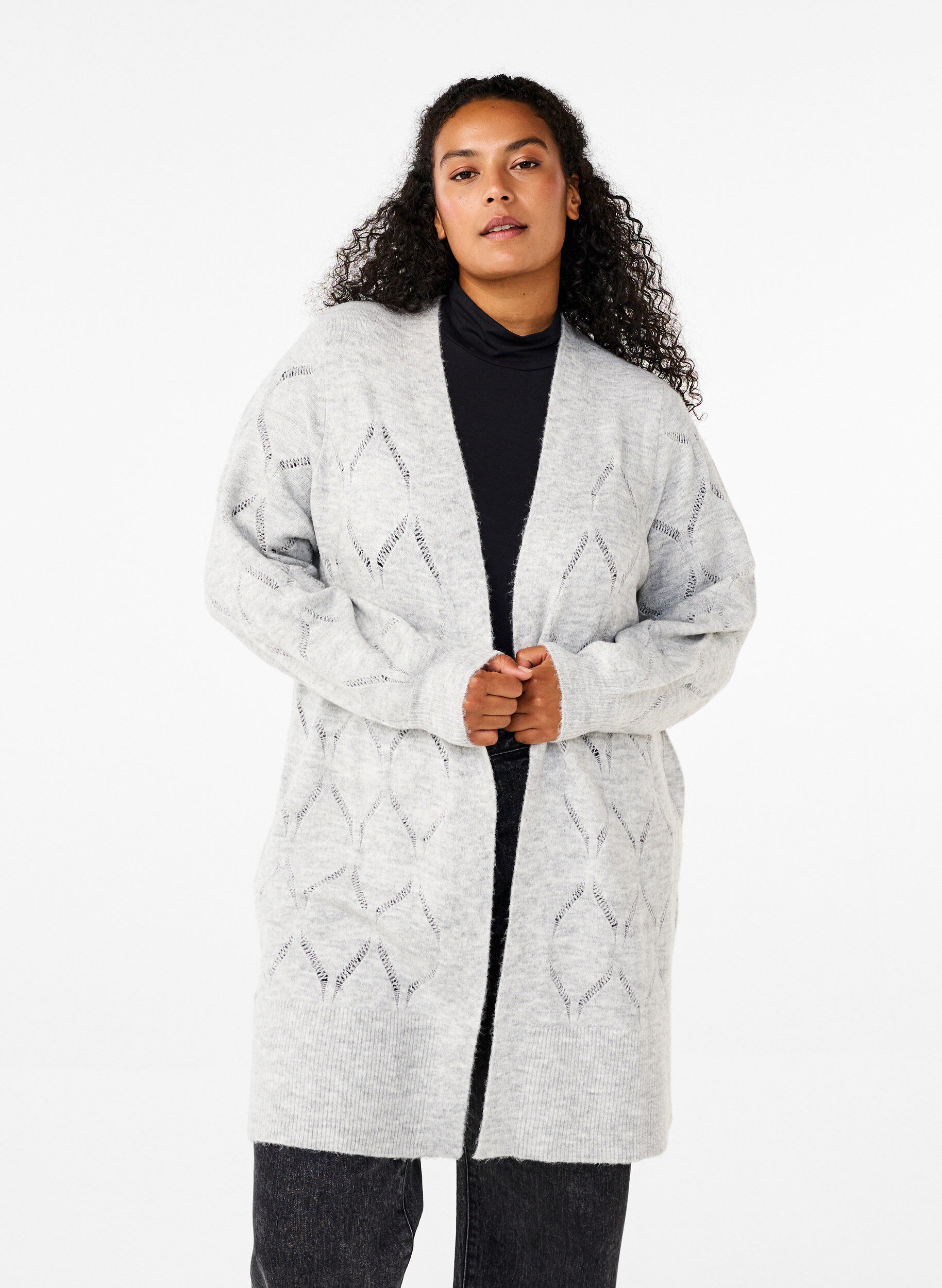 Zizzi Cardigan en maille &agrave; manches longues, Light Grey Melange, Model image number 0