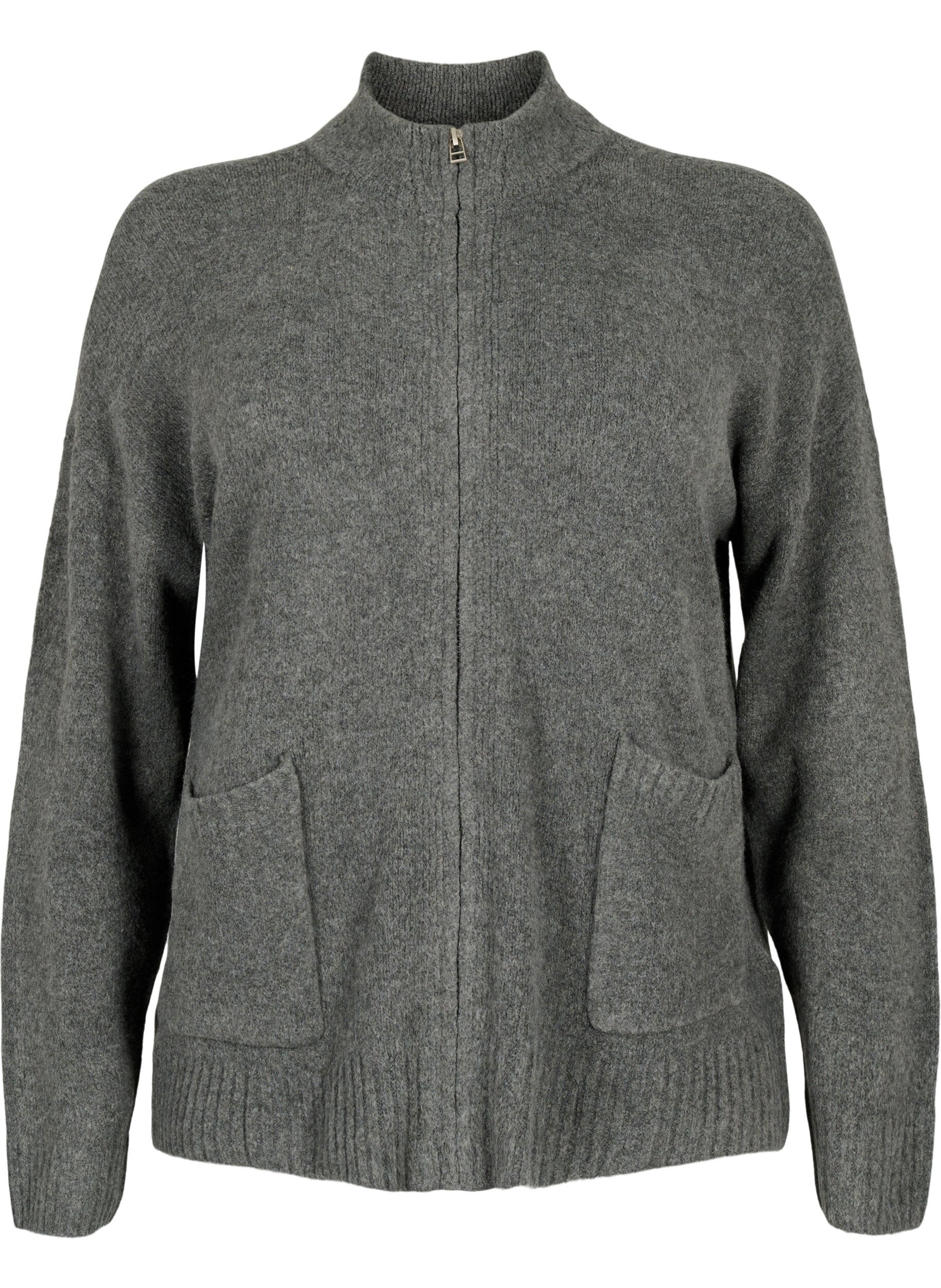 Zizzi Cardigan en tricot avec fermeture &eacute;clair et poches, Dark Grey Melange, Packshot image number 0