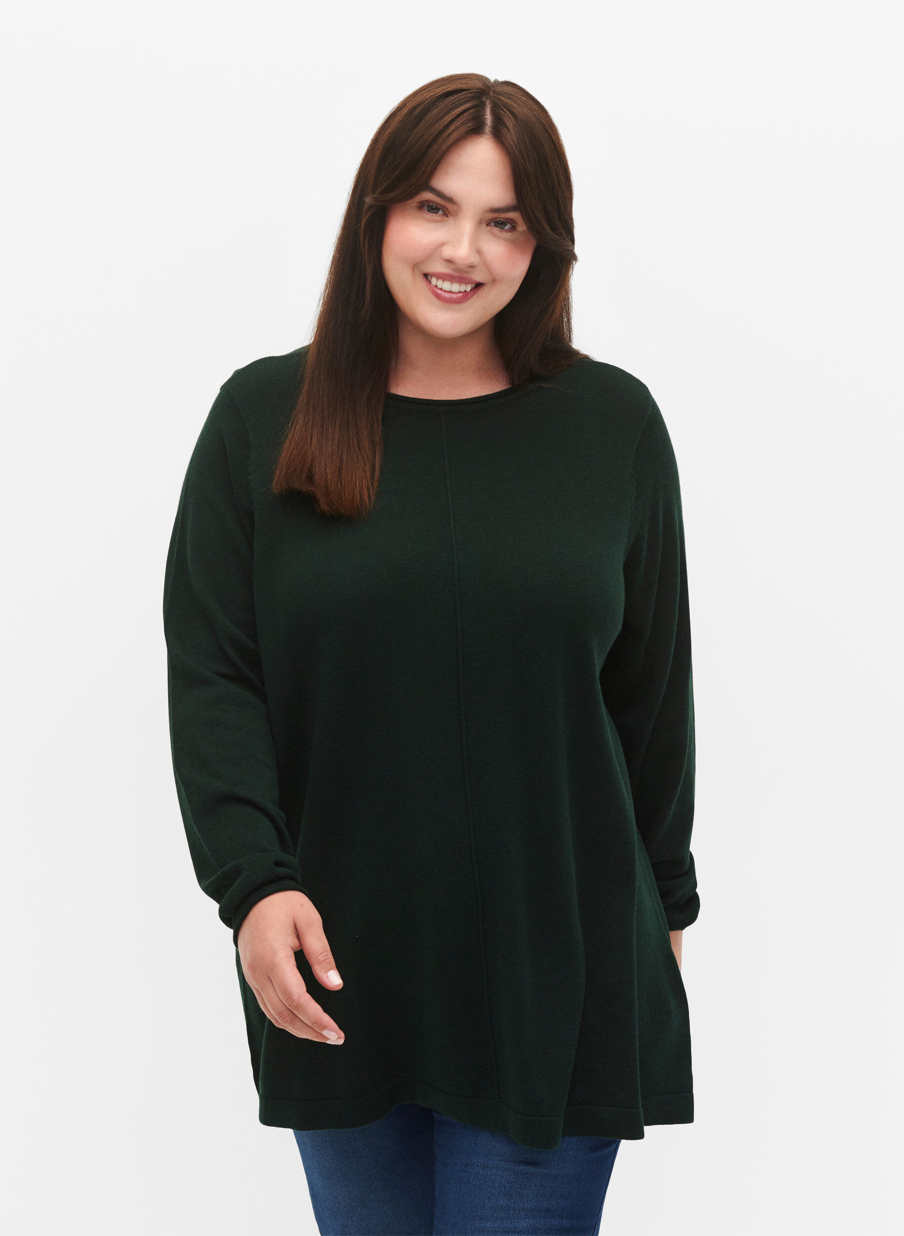 Blouse tricot&eacute;e en m&eacute;lange coton-viscose, Vert fonc&eacute;, Model