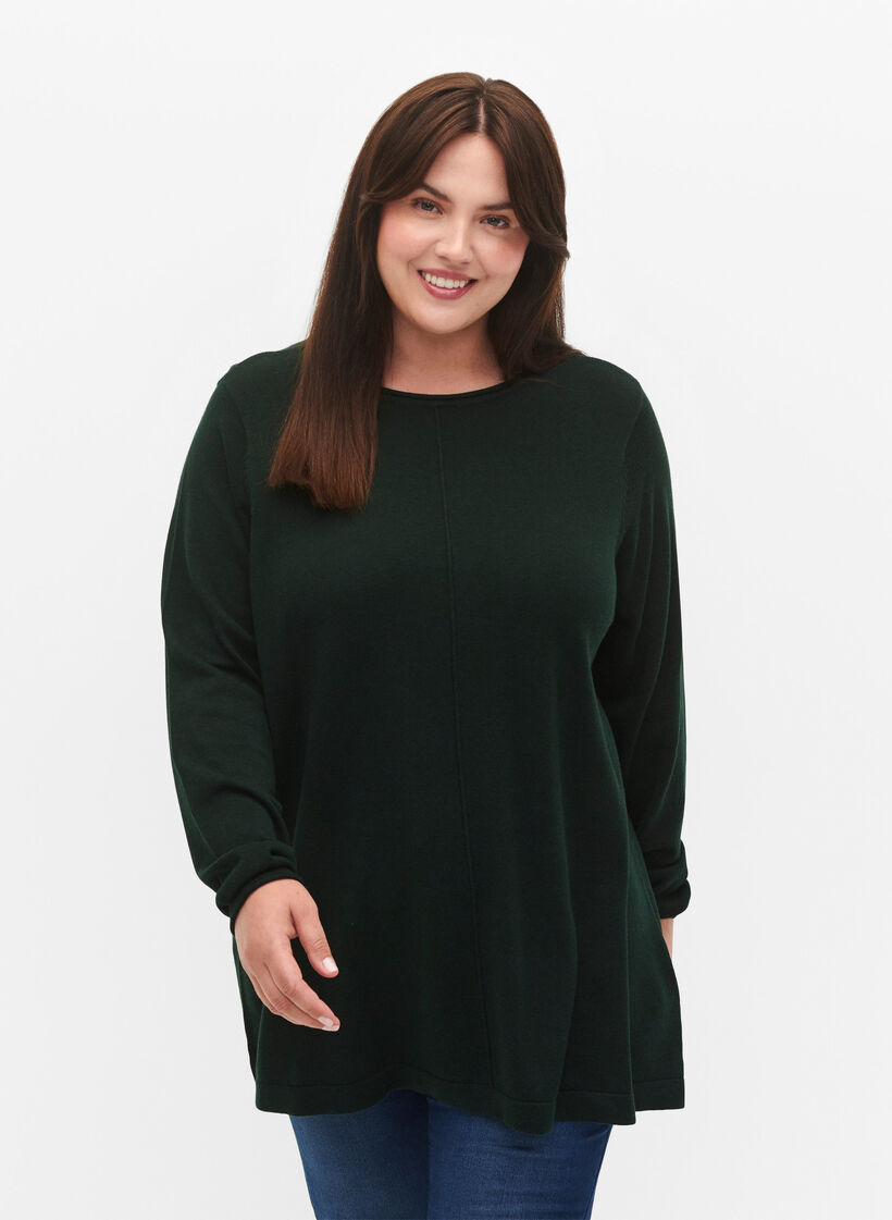 Blouse tricot&eacute;e en m&eacute;lange coton-viscose, Vert fonc&eacute;, Model image number 0