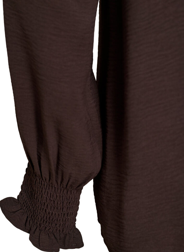 Blouse avec poignets smock&eacute;s et col en V, Marron, Packshot image number 3