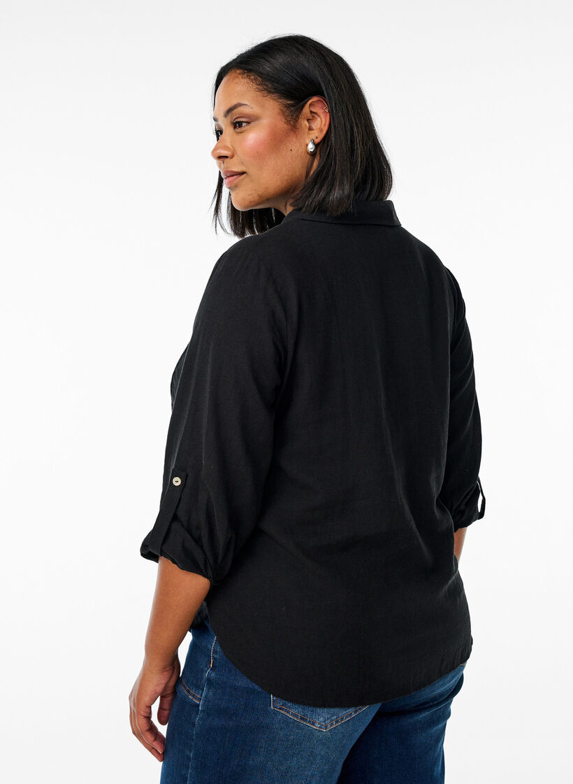 Chemise en lin et viscose avec manches 3/4, Noir, Model image number 2