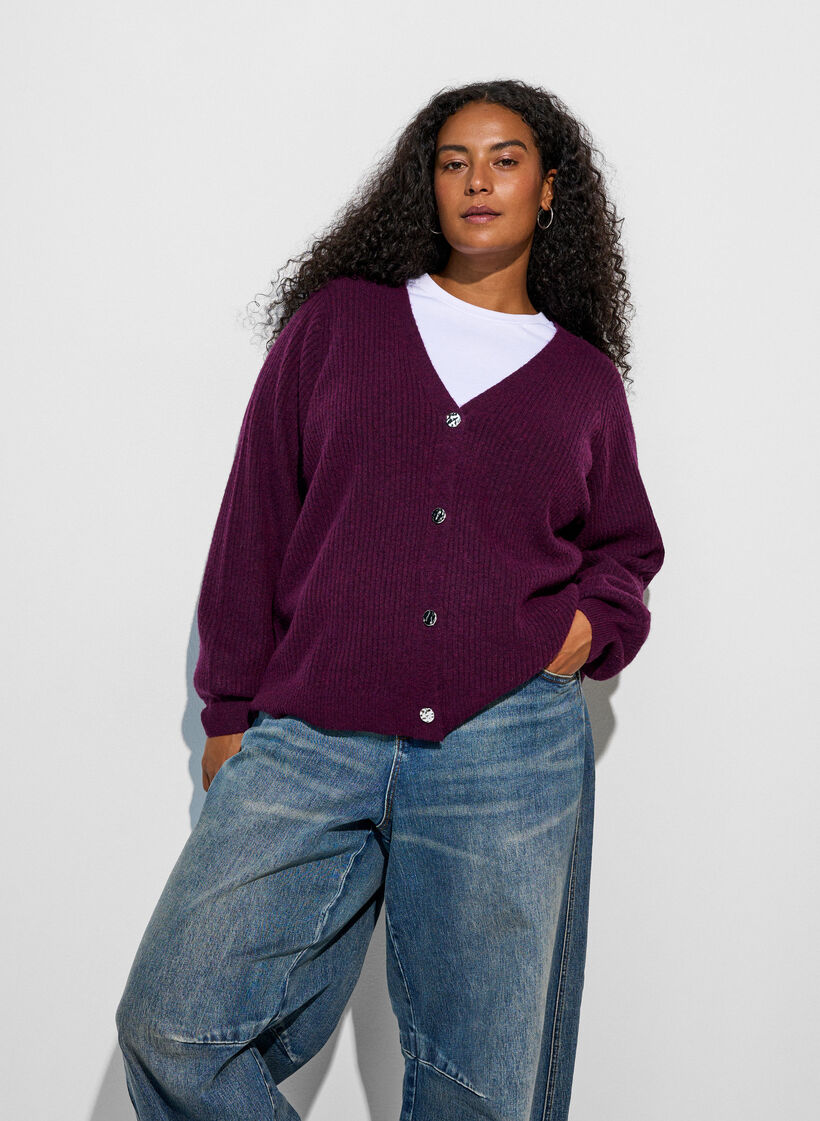 Cardigan avec col en V et texture c&ocirc;tel&eacute;e, Violet, Model image number 0