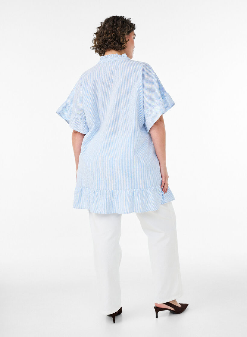 Tunique en coton &agrave; rayures et avec volants, Bleu Clair, Model image number 2