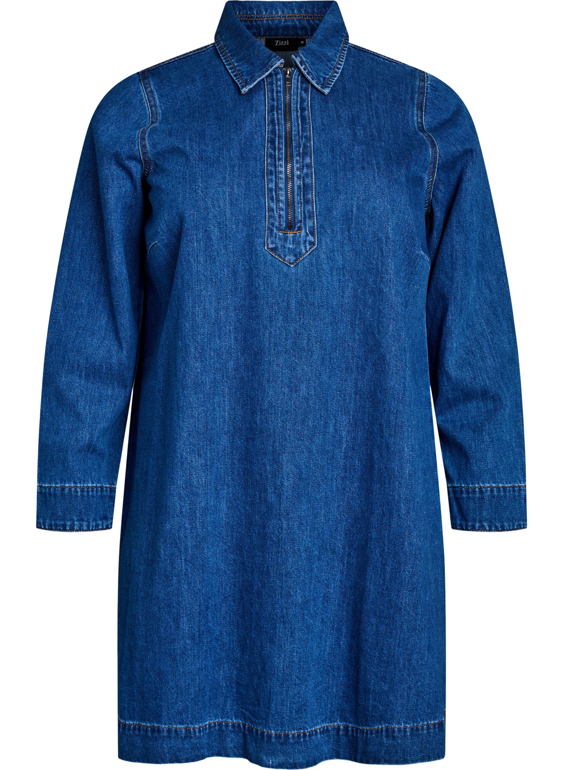 Robe courte en jean avec d&eacute;tail zipp&eacute; et col