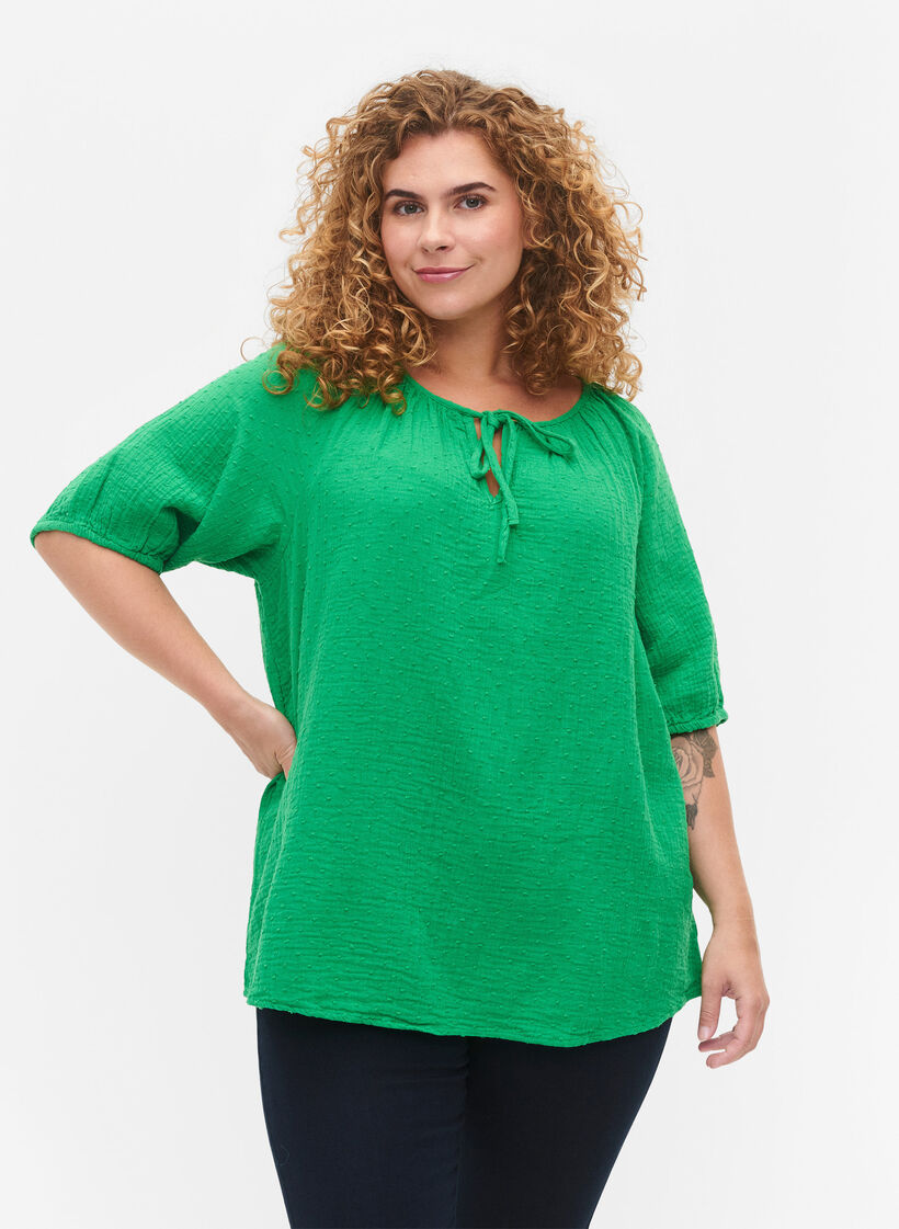 Blouse en coton à manches mi-longues, Bright Green, Model image number 0