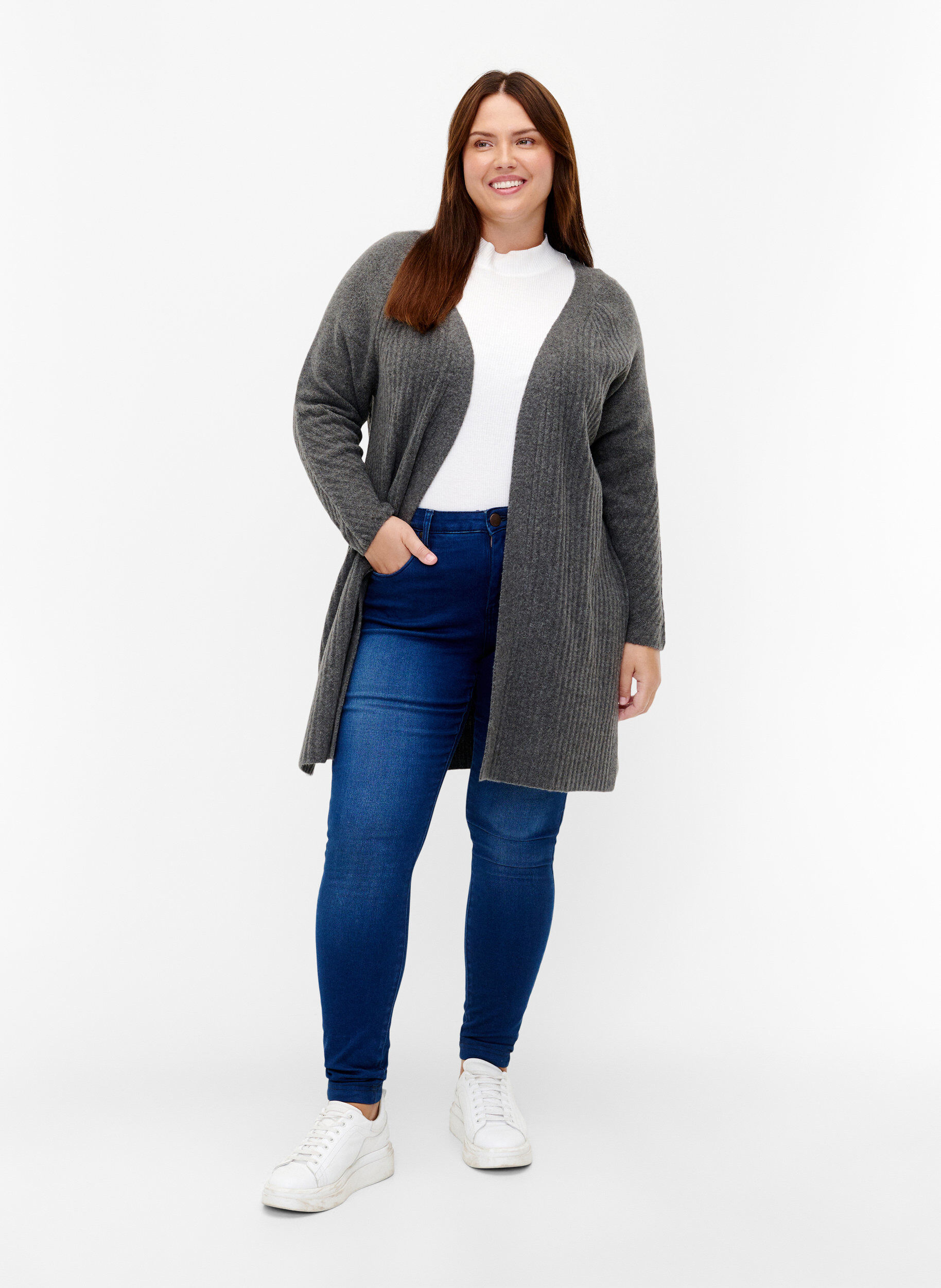 Zizzi Long cardigan en tricot c&ocirc;tel&eacute;, Dark Grey Melange, Model image number 2