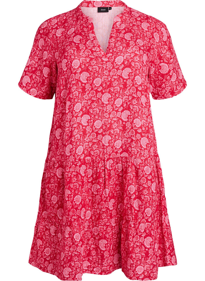 Robe courte &eacute;vas&eacute;e en mousseline de coton, Rouge, Packshot image number 0