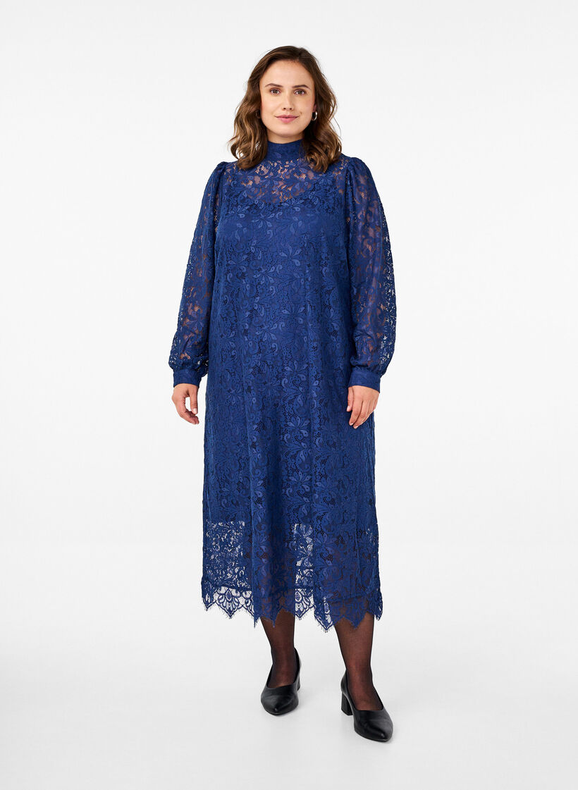 Robe en dentelle à manches longues avec col montant, Estate Blue, Model image number 0