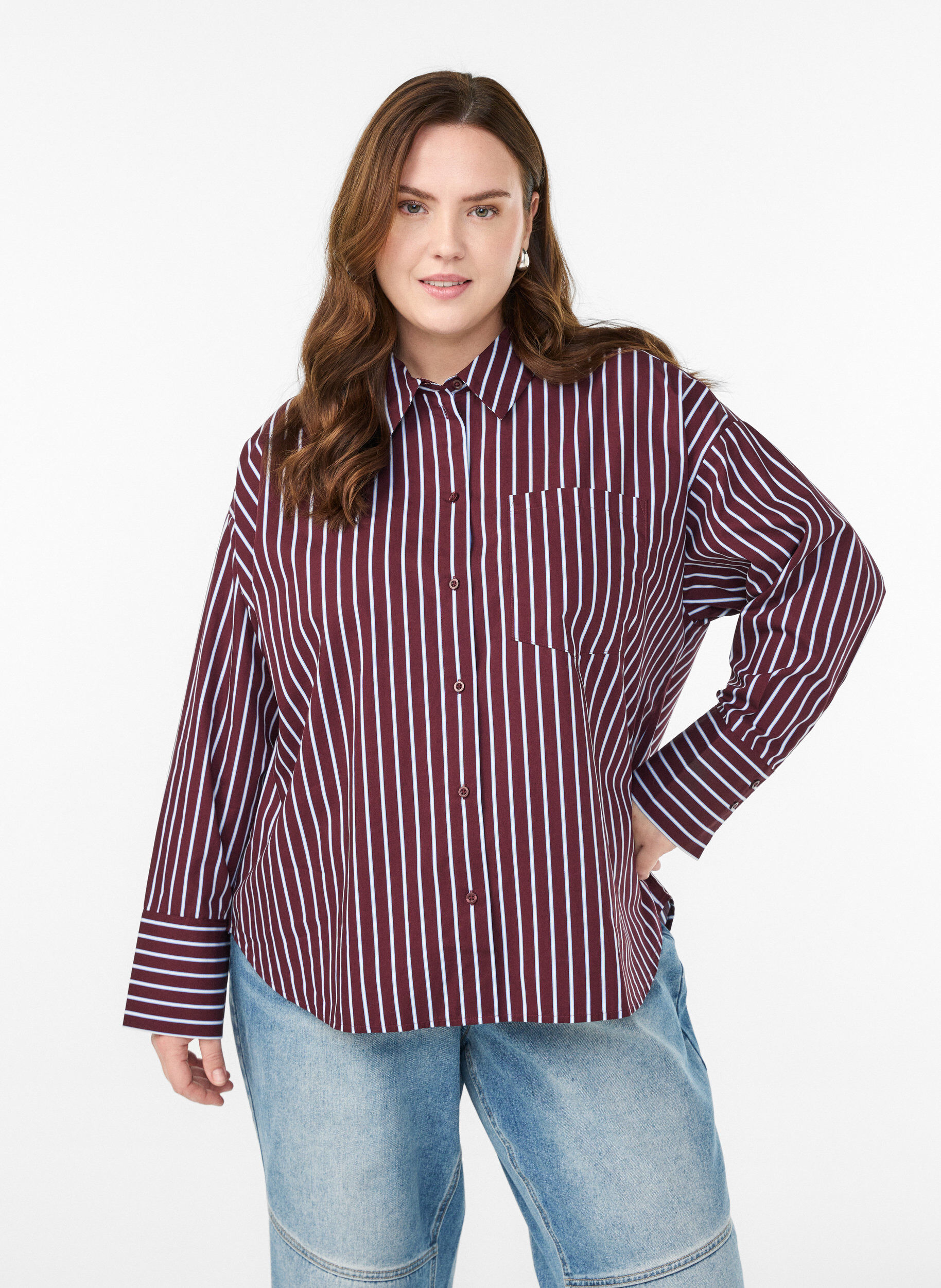 Chemise ample &agrave; rayures avec poche poitrine, Bordeaux fonc&eacute;, Model