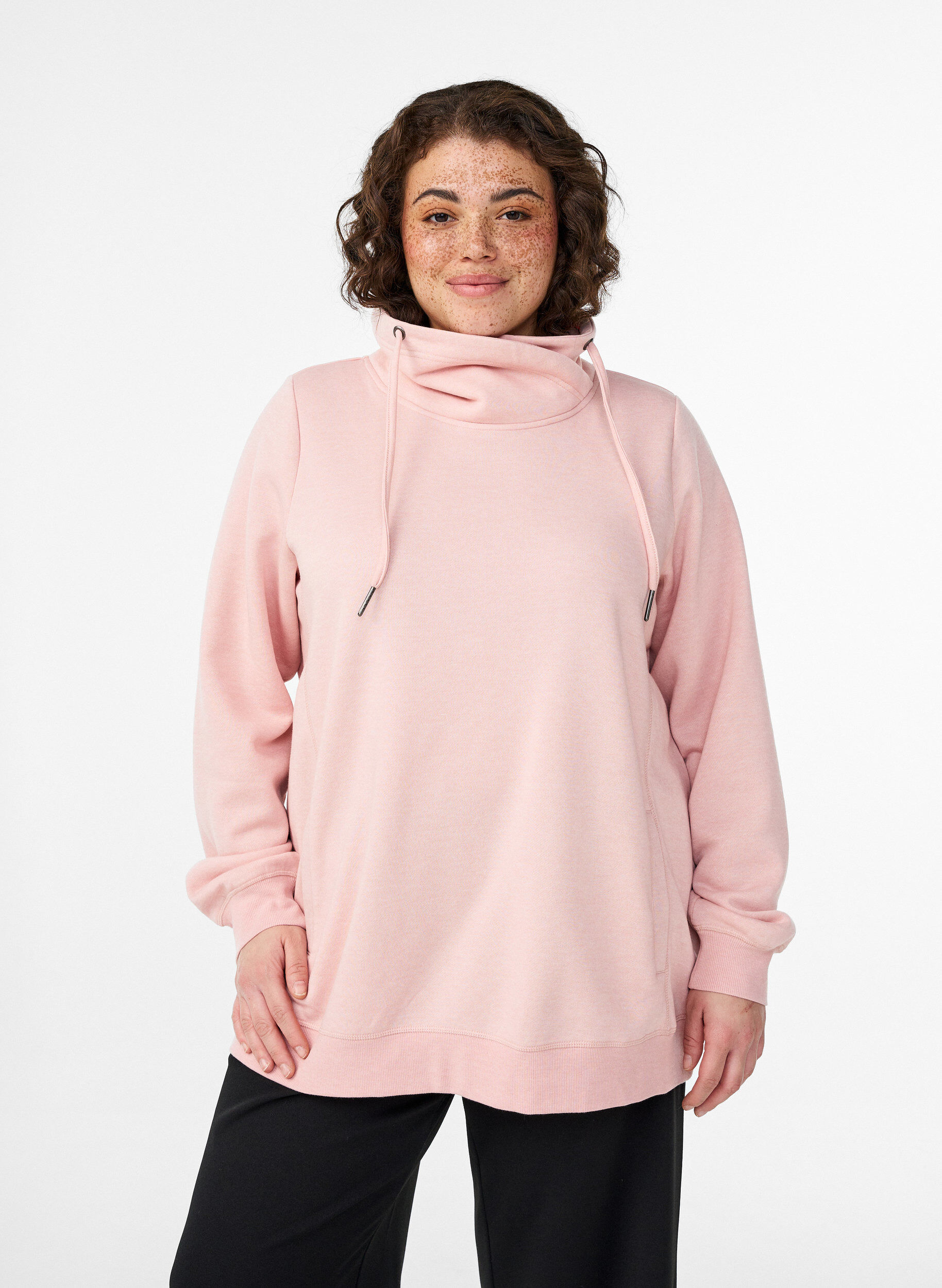 Sweatshirt avec col montant et poches, Rose poudr&eacute;e, Model