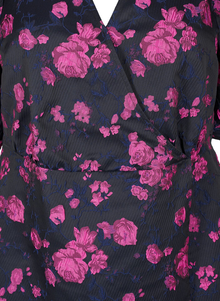 Robe portefeuille courte en jacquard, Black w. Red Rose, Packshot image number 2