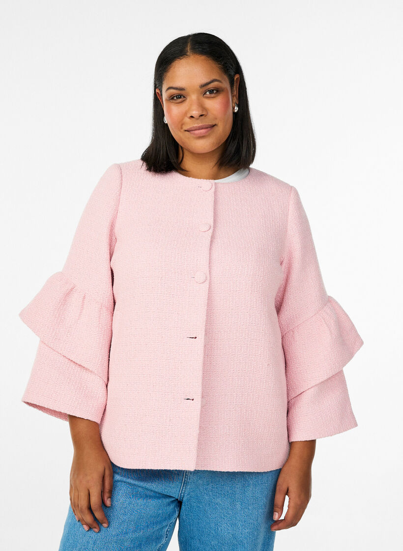 Veste boucl&eacute;e avec volants, Rose, Model image number 0