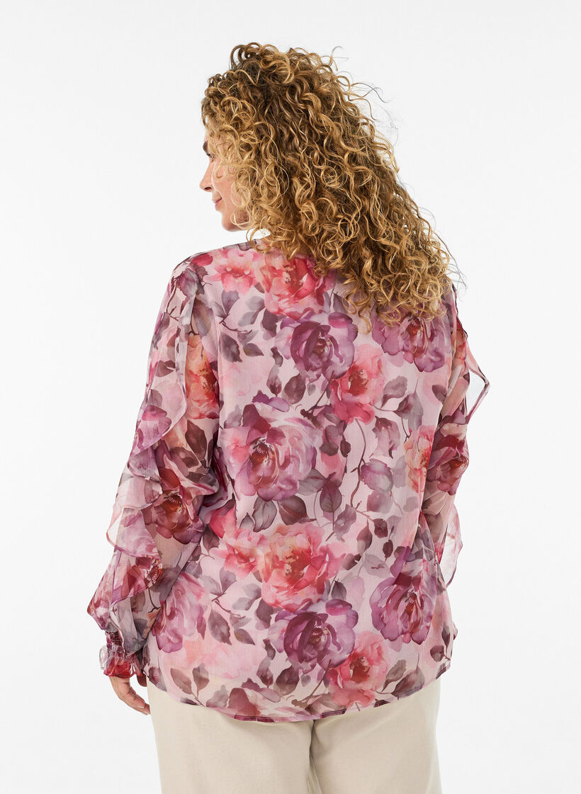 Blouse fleurie avec col en V et manches &agrave; volants, Rose, Model