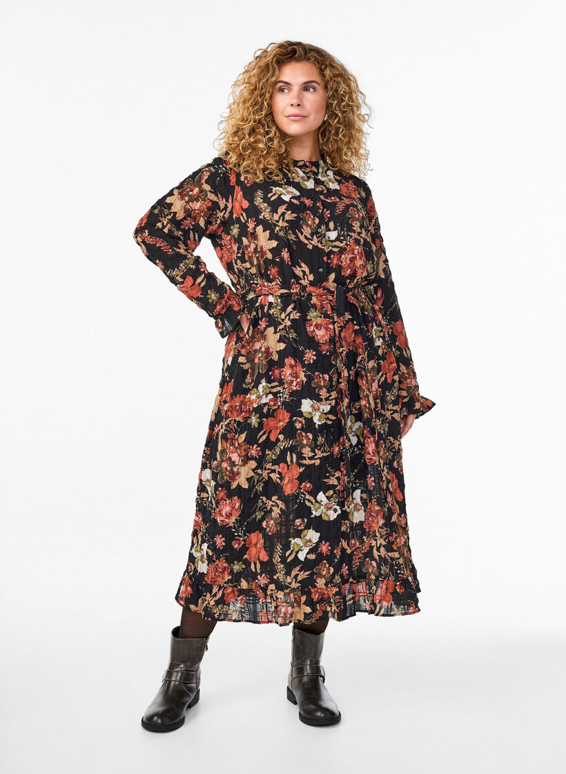 Robe midi &agrave; imprim&eacute; floral avec ceinture amovible &agrave; nouer, Charbon, Model image number 0