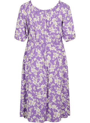 Robe midi florale à épaules découvertes en viscose, Purple Flower AOP, Packshot image number 1