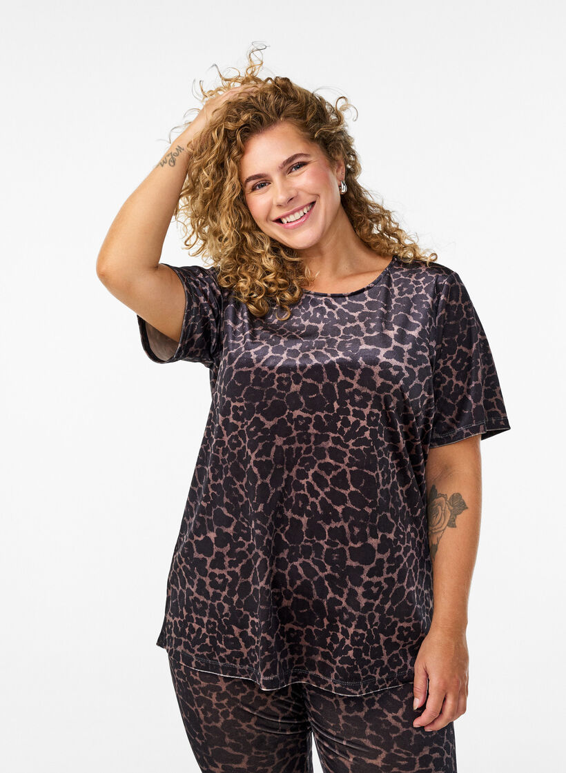 Haut à manches courtes en velours, Marron, Model